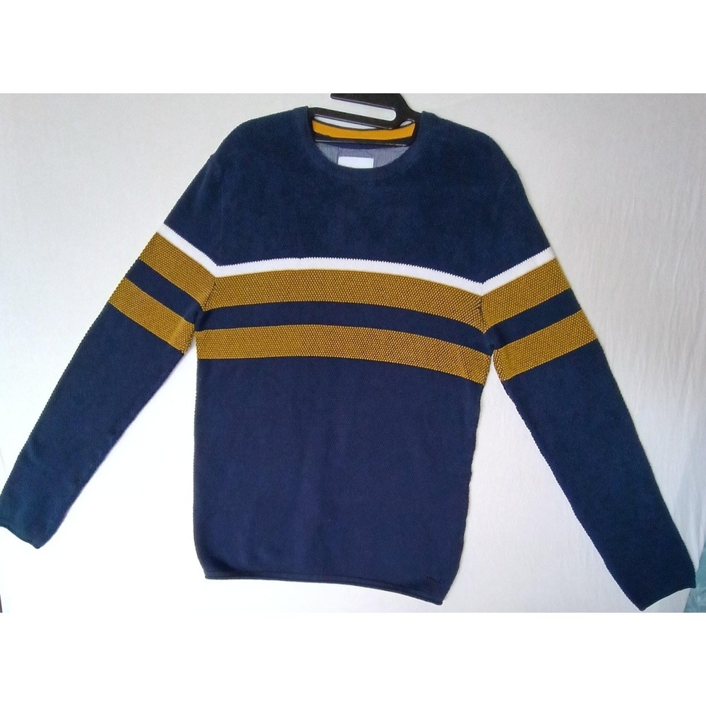 Denim & Flower Ricky Singh Sweater Mens Large Striped Pullover Navy Blue Gold
